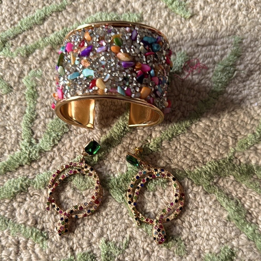 Coiled snake earrings and semi precious stone cuff bracelet set
